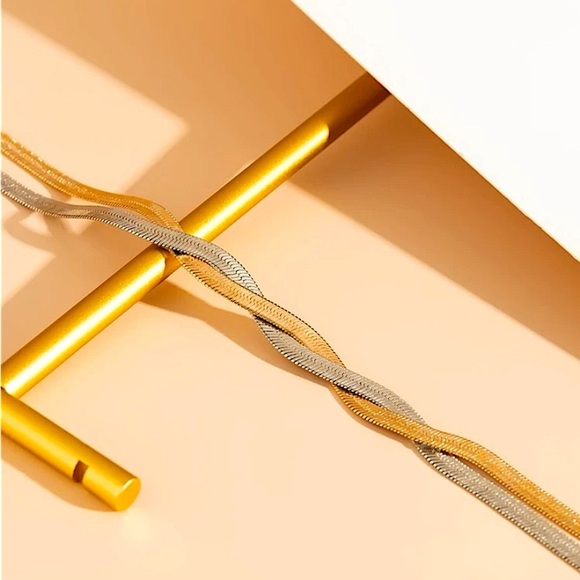 Y Lariat Twisted Two Tone Tassel Herringbone Flat Snake Statement Chain Necklace - Picture 5 of 7